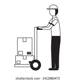 man with handcart boxes fast delivery vector illustration