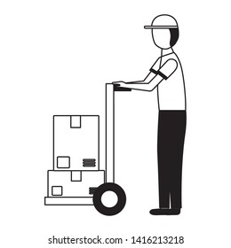 man with handcart boxes fast delivery vector illustration 