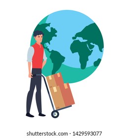 man with handcart boxes world fast delivery logistic