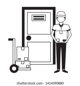 man handcart cargo boxes fast delivery vector illustration