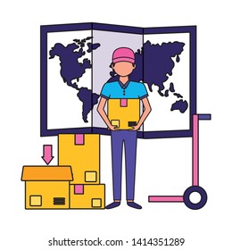 man handcart map cargo box fast delivery vector illustration