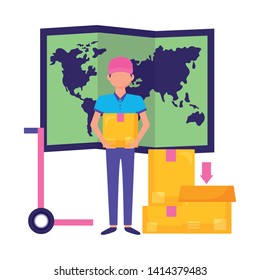 man handcart map cargo box fast delivery vector illustration