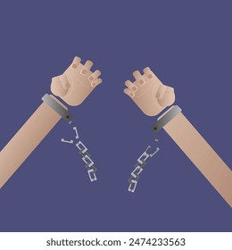 Man in handcuffs, hands in shackles, 
 and a broken chain. Freed.