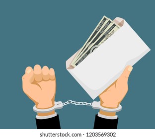 Man in handcuffs holds an envelope with dollar banknotes. Bribery and corruption. Stock vector illustration.