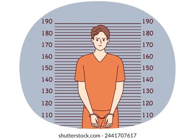 Man in handcuffs and orange clothes stands near lines for measuring height. Guy who broke law and went to jail poses for picture of criminal intended for personal file. Flat vector image