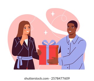 A man handing a gift box with a bow to a smiling woman on a pink abstract background. Flat style, vector illustration. Concept of giving and gratitude