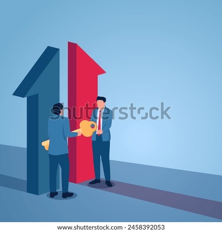 Man handing key to another person and two arrows coming together, illustration for acquisition.