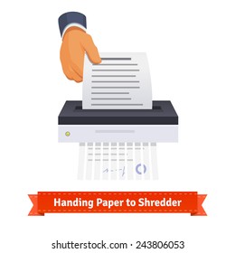 Man Handing Paper To Shredder. Flat Style Illustration.