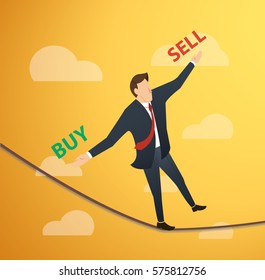 man handle buy or sell  walking in balance on rope over sky , business concept
