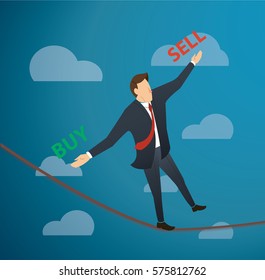 man handle buy or sell  walking in balance on rope over sky , business concept