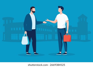 
Un hombre entrega un bolso a otro hombre en una Ilustración vectorial plana de intercambio casual.