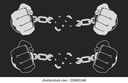 Man hands breaking steel handcuffs. Chalk vector clip art illustration isolated on blackboard