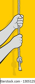 Man hands climbing rope