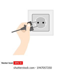 Man hands connecting electrical plug. Vector illustration