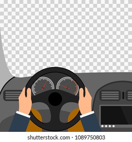 Man Hands Of A Driver On Steering Wheel Of A Car. Vector Flat Style Illustration