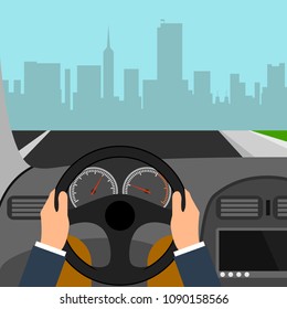 Man Hands Of A Driver On Steering Wheel Of A Car. Vector Flat Style Illustration