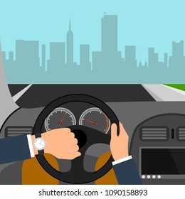 Man hands of a driver on steering wheel of a car. Vector flat style illustration