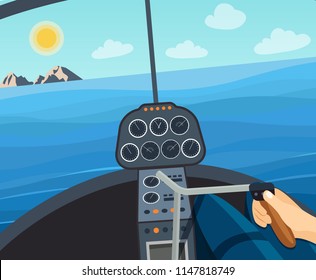 Man hands of a driver on steering wheel of a helicopter. Vector flat style illustration