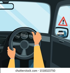 Man hands of a driver on steering wheel of a car. Vector flat style illustration