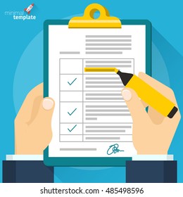 Man hands filling form. Hand holding tax form, insurance claim and flat pen. Creative flat design vector concept for web banners, web sites, infographics. 