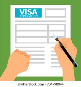 Man hands filling out visa application, vector illustration