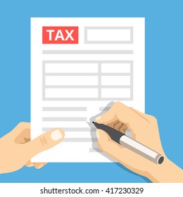 Man hands filling tax form. Hand hold tax form and hand hold pen. Modern concept for web banners, web sites, infographics. Creative flat design vector illustration