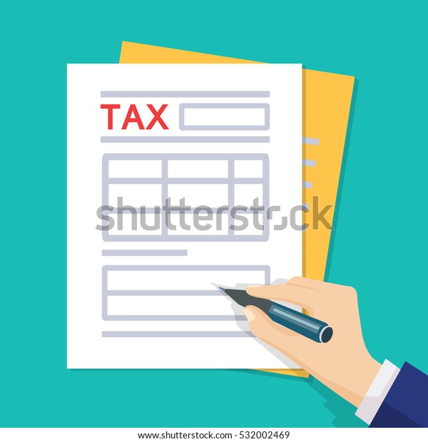 Man hands filling tax form. Tax\
form isolated on blue background. Vector illustration. Flat style.\
Modern concept for web banners, web sites,\
infographics.