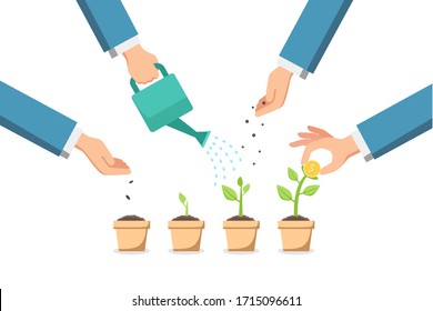 Man hands are glowing up money plant in flat style vector, business and financial concept.