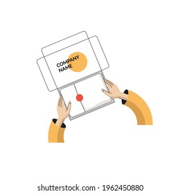 Man hands hold a custom printed present, which is wrapped in a tissue paper with red sticker inside small kraft box. Vector illustration in flat style