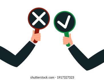 Man hands hold signboard check mark and red forbidden.