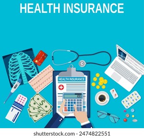 man hands holding calculator. Healthcare insurance concept. Vector illustration flat design. Medical equipment, money, Stethoscope, drugs, money, calculator, thermometer x-ray