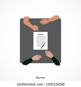 man hands holding contract and pen, signing of a treaty business contract flat design vector illustration
Contract signing flat vector illustration.