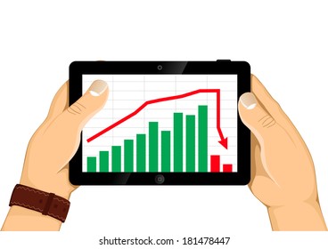 Man hands are holding the modern digital tablet pc with break down chart  on a screen. Isolated on white.