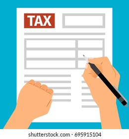 Man hands holding pen and filling tax form. Vector illustration