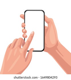 Die Menschen halten die Blankoblende des Smartphones mit modernem, undurchsichtigem Design. Vektorillustration einzeln auf weißem Hintergrund. 
