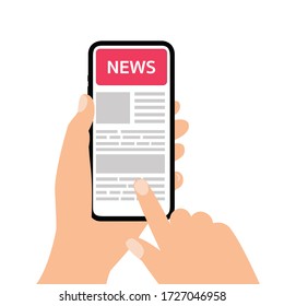 Man hands holding smartphone reading news. Isolated white background,