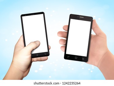 Man hands holding smartphone. Sending message template. Wireless communication concept. Realistic vector illustration. EPS10