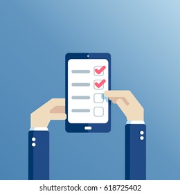 Man hands holding smartphone and using checklist application, hands holding a mobile phone with a to-do list on the screen and a tick is made. Flat vector illustration