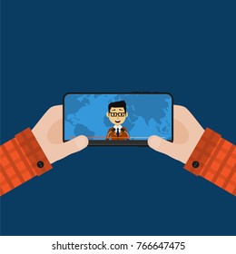 Man Hands Holding Smartphone and Watching News Program. Flat Design. Vector Illustration