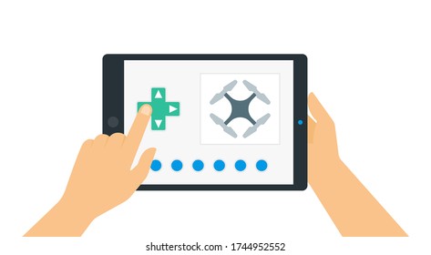 Man Hands Holding A Tablet With Drone Control Application Vector Illustration In A Flat Design.