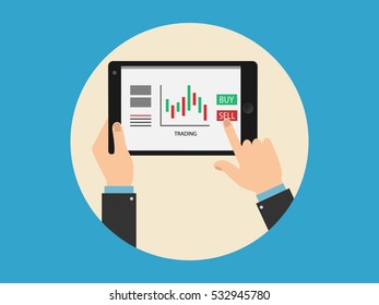 Man hands holding a tablet gadget with trading chart