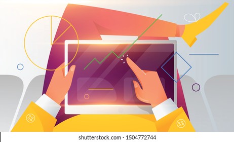 Man Hands Holding A Tablet. Vector Illustration With A Grey Background. Used For Motion Design And Advertising.