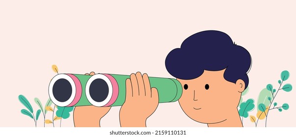 Man in hands holds binoculars looking into distance. Concept of observation, discovery, vision and business development, growth and opportunity.