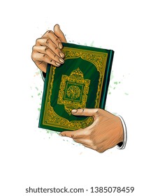 Man hands holds Holy book of Koran from splash of watercolors. Muslim holiday, Eid Mubarak, Ramadan Kareem. Hand drawn sketch. Vector illustration of paints