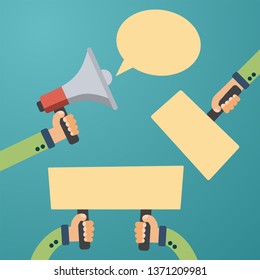Man hands holds loudspeaker nameplate and banner. Marketing and advertising vector illustration in flat graphics style.