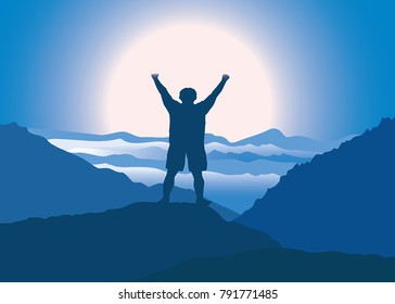 Man with hands up jumping and having fun on the top of mountain. Vector illustration. Blue Ridge Mountains, North Carolina, USA.