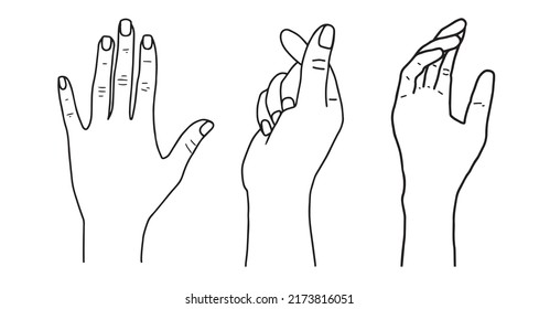 Palo de manos. Esbozar mano de hombre elegante. Iconos hermosos y con dedos en una línea estilo minimalista, conjunto vectorial. Ilustración de la colección de la mano para levantar la mano, el minicorazón y la postura de hola. 