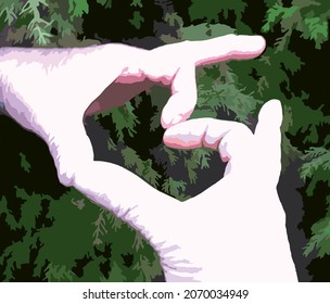 Man hands make a heart on a grungy dark green background for your creative ideas. The hands of the lord against the forest in the shape of a heart for creative compositions and romantic concepts, etc.