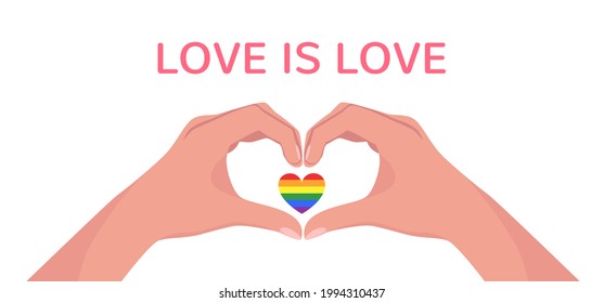 Man hands making heart shape gesture with lgbt rainbow in flat style. Web banner with phrase Love is Love. Celebrating Pride Month Against Violence, Discrimination, Human Rights Violation. Vector