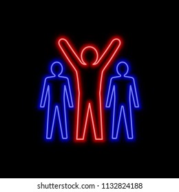 Man with hands up neon sign. Leadership concept. Bright glowing symbol on a black background. Neon style icon. 